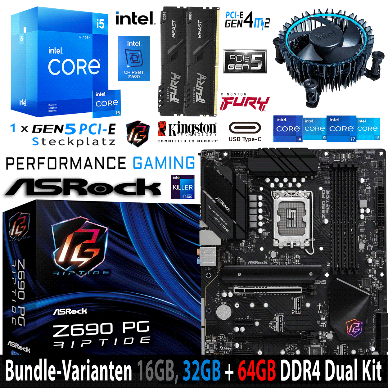 PC Bundle - Intel Core i5 12400F - ASRock Z690 PG Riptide DDR4 - 16GB DDR4-3200MHz Dual Kit