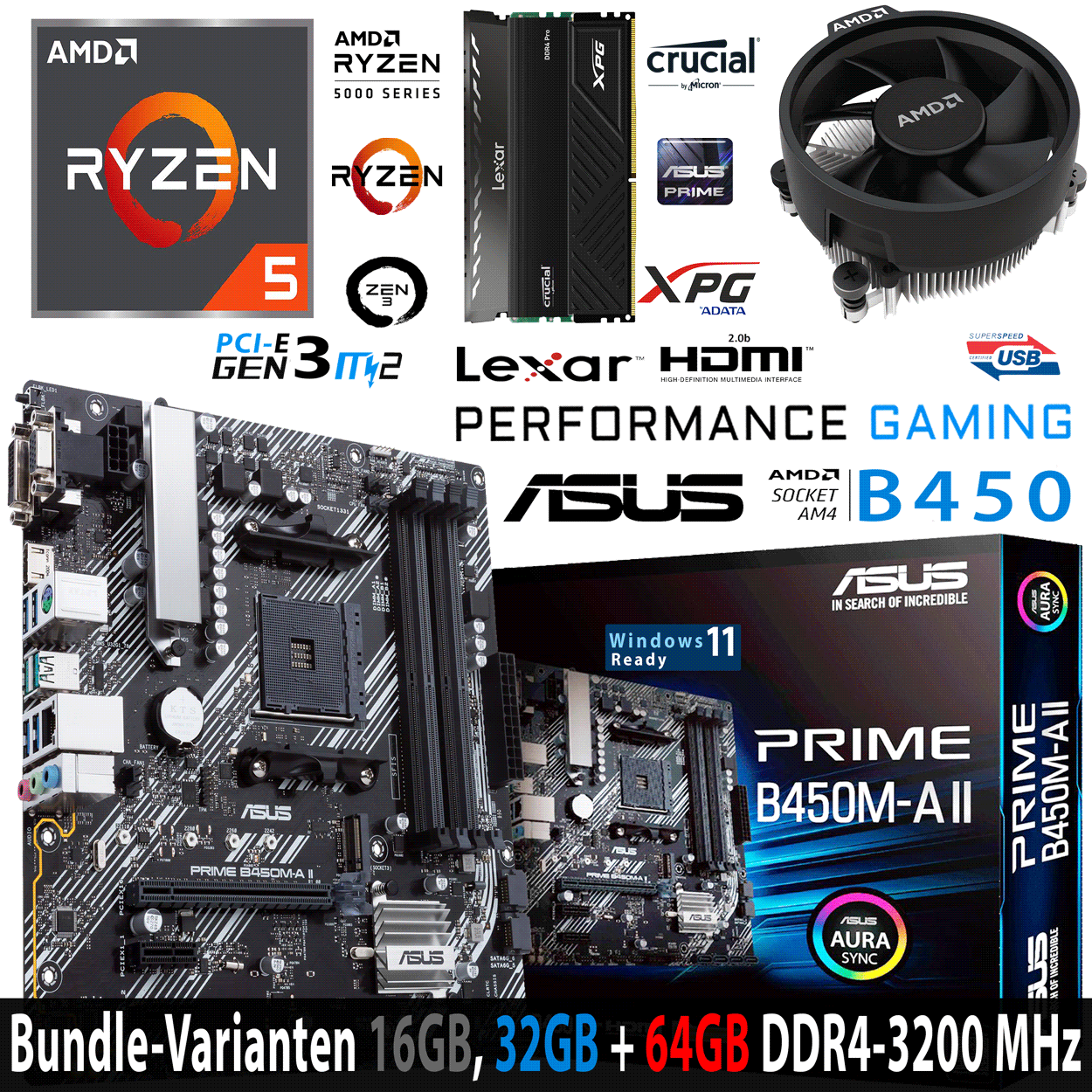PC Bundle - AMD Ryzen 5 5600X - ASUS Prime B450M-A II AM4 - 16GB DDR4-3200 Dual Kit schwarz