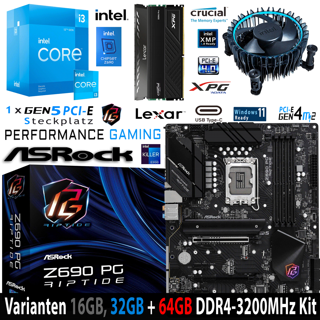 PC Bundle - Intel Core i3 12100F - ASRock Z690 PG Riptide DDR4 - 16GB DDR4-3200MHz RAM schwarz