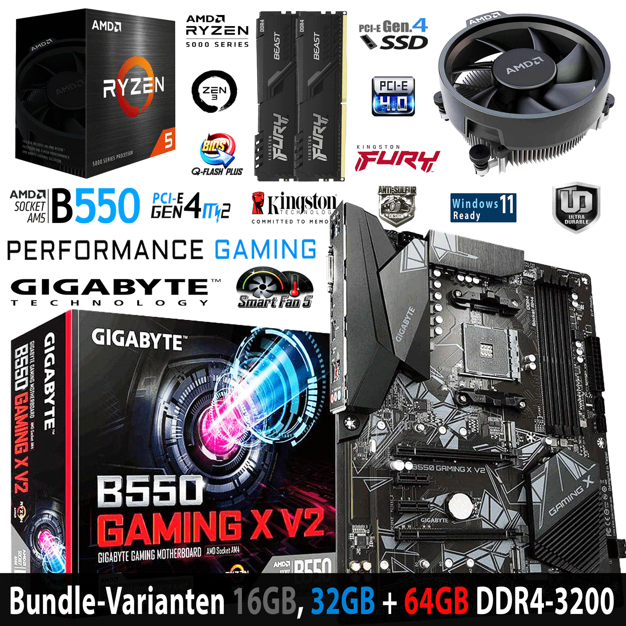 PC Bundle - AMD Ryzen 5 5500 - Gigabyte B550 Gaming X V2 - 16GB DDR4-3200 Dual Kit schwarz