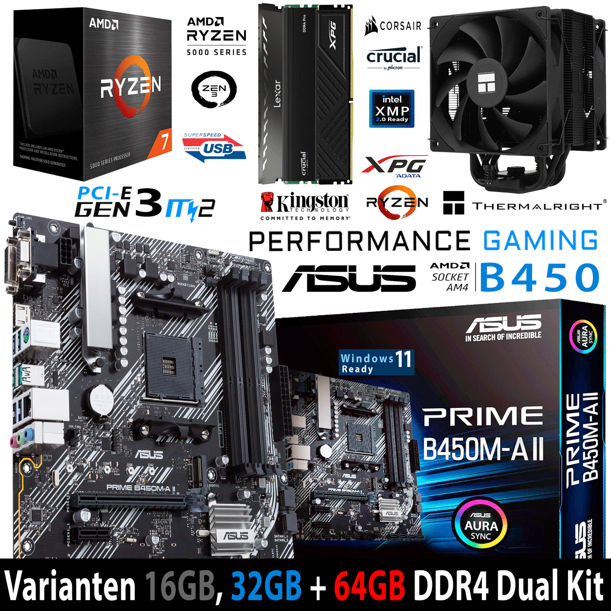 PC Bundle - AMD Ryzen 7 5800X - ASUS Prime B450M-A II AM4 - 16GB Lexar Thor DDR4-3200 Kit grau