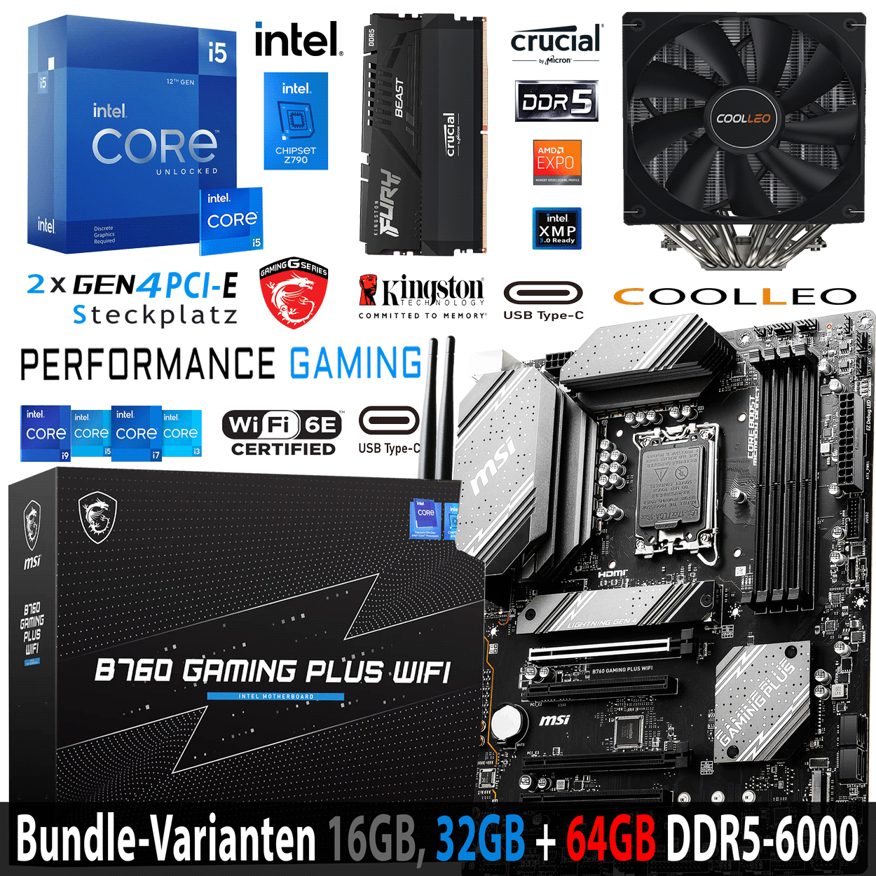PC Bundle - Intel Core i7 12700KF - MSI B760 Gaming Plus - 16GB Kingston Fury Beast DDR5-6000MHz Kit schwarz