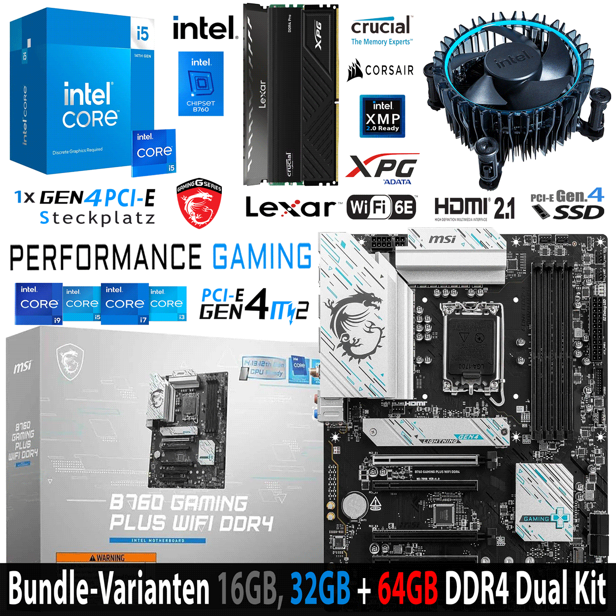 PC Bundle - Intel Core i5 14400F - MSI B760 Gaming Plus Wifi DDR4 -  16GB Lexar Thor Dark Grey DDR4-3200 Kit