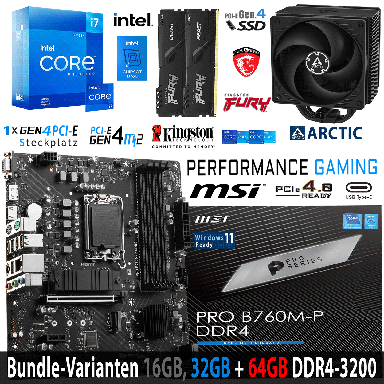 PC Bundle - Intel Core i7 12700KF - MSI PRO B760M-P DDR4 - 16GB Fury Beast DDR4-3200MHz Kit schwarz