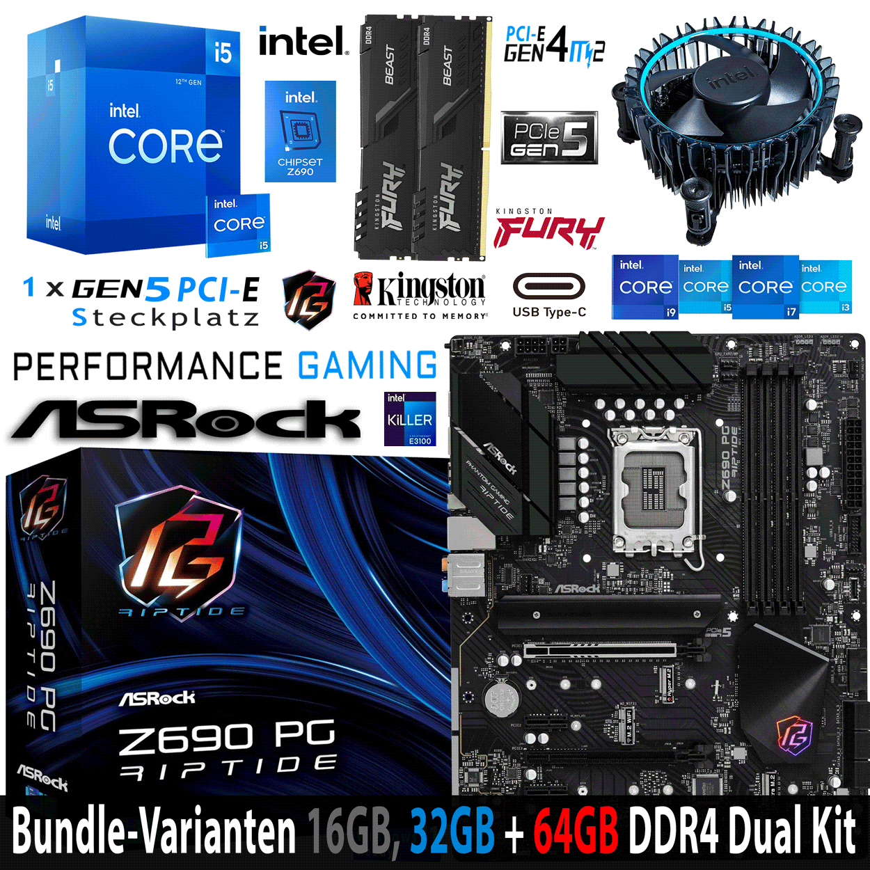 PC Bundle - Intel Core i5 12400 - ASRock Z690 PG Riptide DDR4 - 16GB DDR4-3200MHz Dual Kit