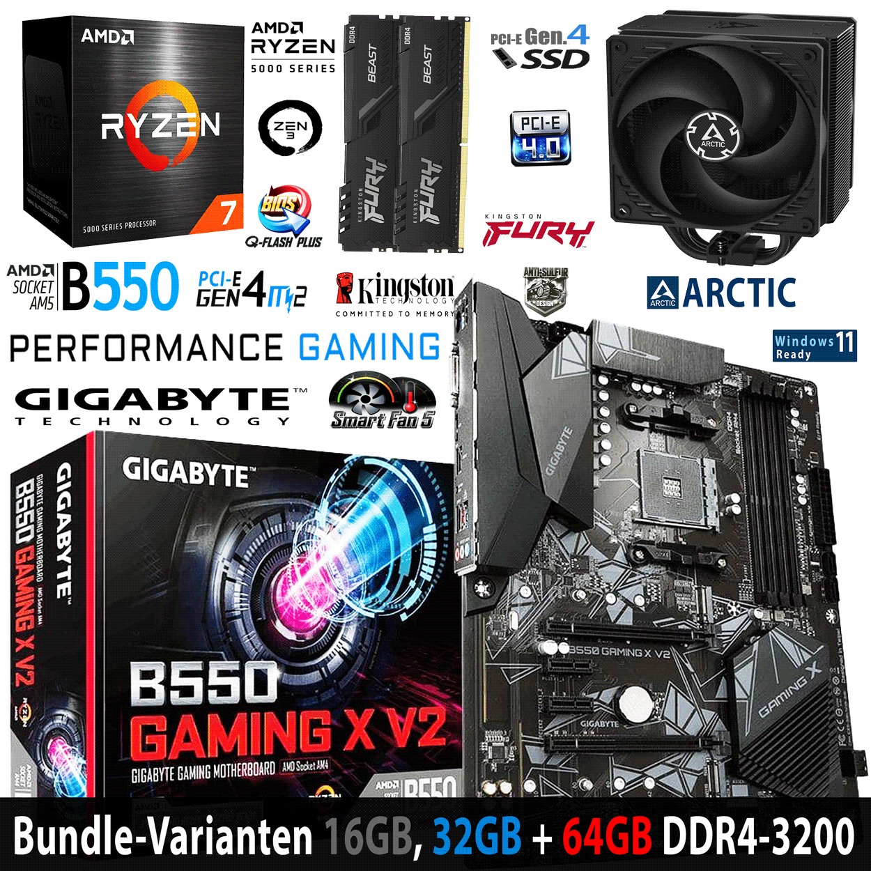 PC Bundle - AMD Ryzen 7 5800X - Gigabyte B550 Gaming X V2 - 16GB DDR4-3200 Dual Kit schwarz