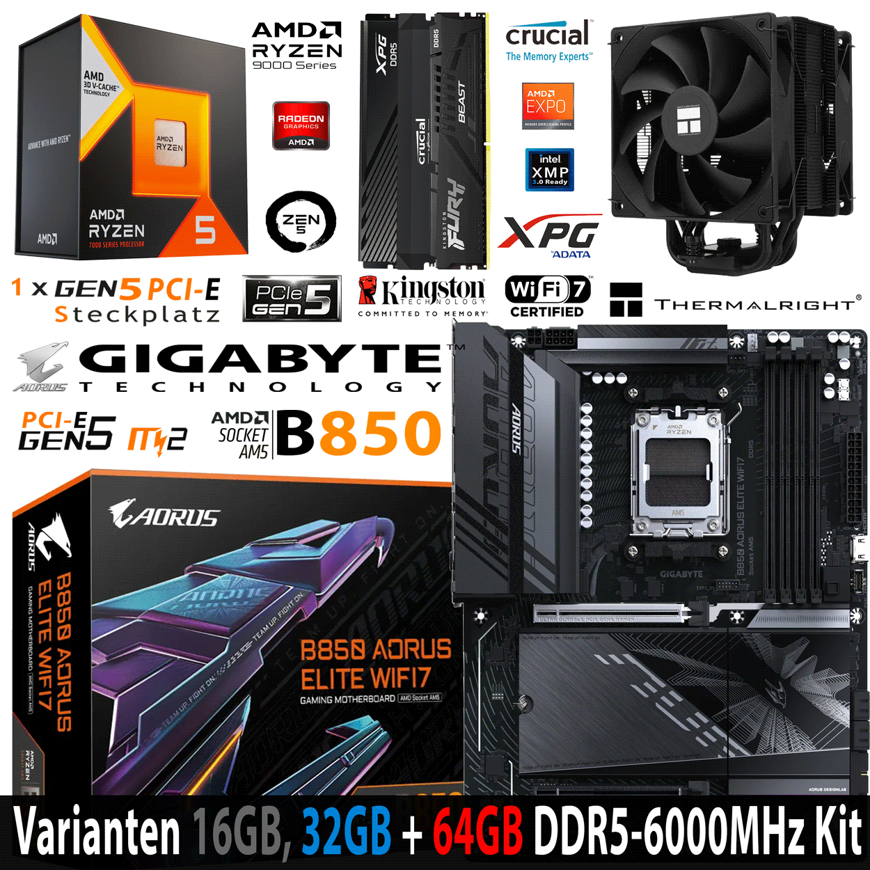 PC Bundle - AMD Ryzen 5 7500X3D - Gigabyte B850 Aorus Elite Wifi7- 16GB Kingston Fury Beast DDR5-6000 Kit