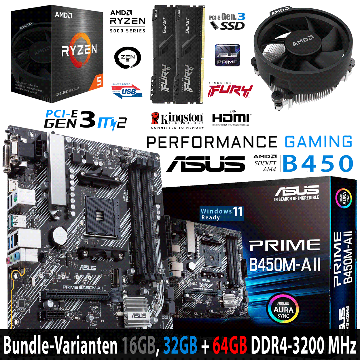 PC Bundle - AMD Ryzen 5 5500 - ASUS Prime B450M-A II AM4 - 16GB DDR4-3200 Dual Kit schwarz