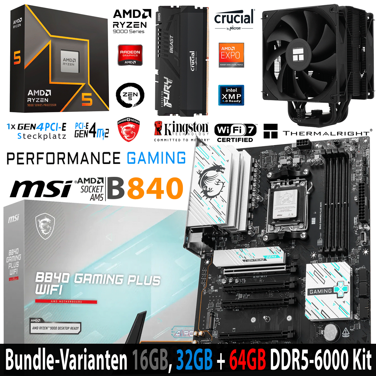 PC Bundle - AMD Ryzen 5 9600X - MSI B840 Gaming Plus Wifi7 - 16GB Kingston Fury Beast DDR5-6000 Kit