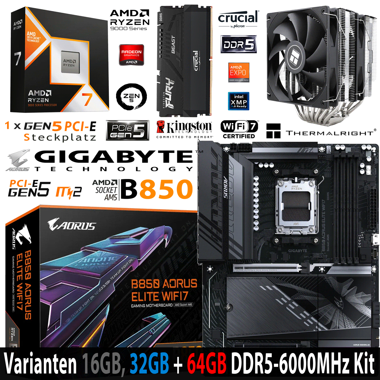 PC Bundle - AMD Ryzen 7 9800X3D - Gigabyte B850 Aorus Elite Wifi7- 16GB Kingston Fury Beast DDR5-6000 Kit