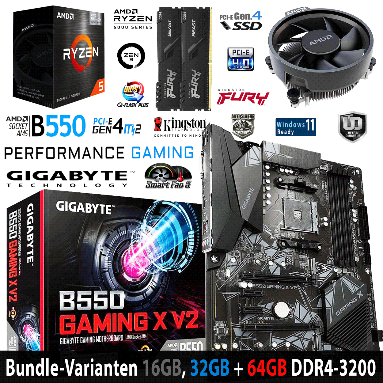 PC Bundle - AMD Ryzen 5 5500GT - Gigabyte B550 Gaming X V2 - 16GB DDR4-3200 Dual Kit schwarz