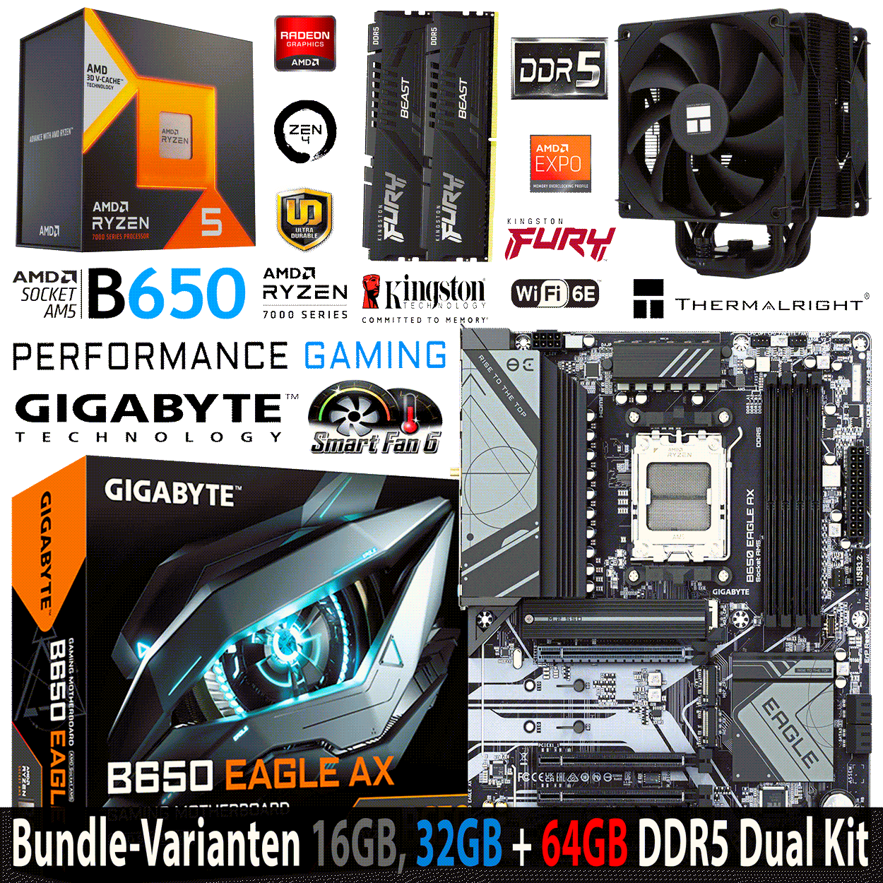 PC Bundle - AMD Ryzen 5 7600X3D - GIGABYTE B650 EAGLE AX - 16GB Kingston Fury Beast DDR5-6000 Kit