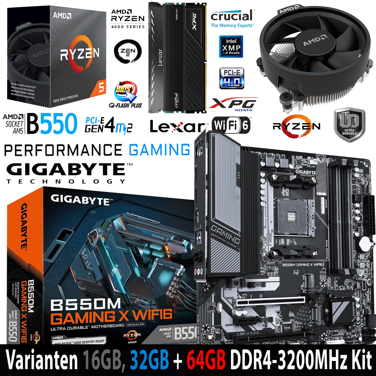 PC Bundle - AMD Ryzen 5 4500 - Gigabyte  B550M Gaming X Wifi6 - 16GB DDR4-3200 Dual Kit schwarz