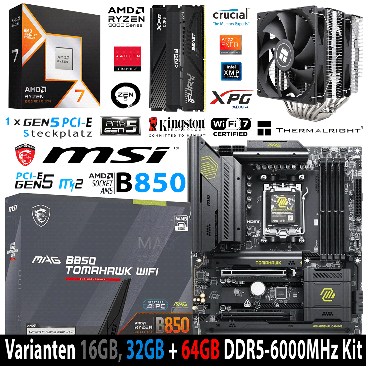 PC Bundle - AMD Ryzen 7 9800X3D - MSI Mag B850 Tomahawk Wifi7 - 16GB Kingston Fury Beast DDR5-6000 Kit
