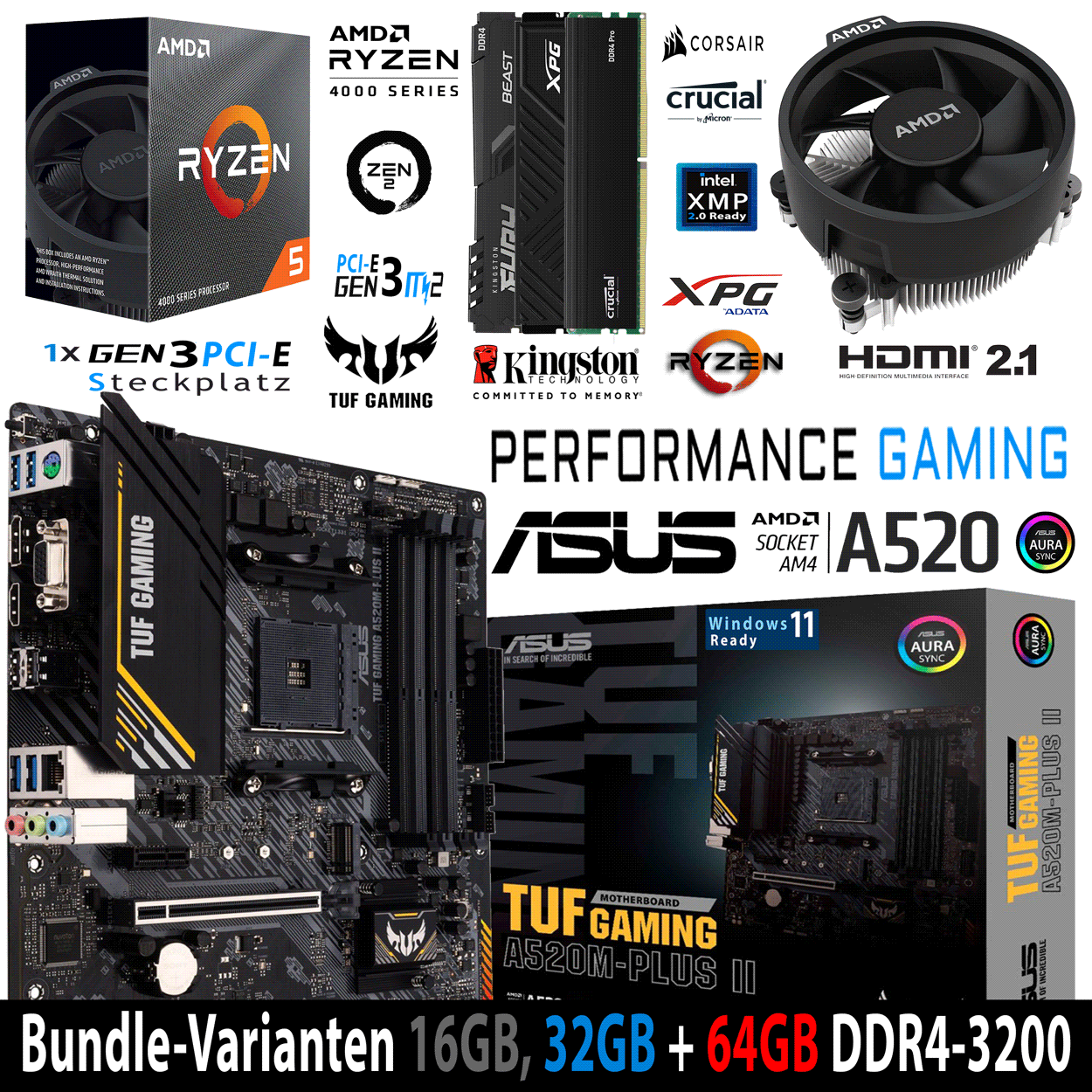PC Bundle - AMD Ryzen 5 4500 - ASUS TUF GAMING A520M-PLUS II - 16GB DDR4-3200 Dual Kit schwarz