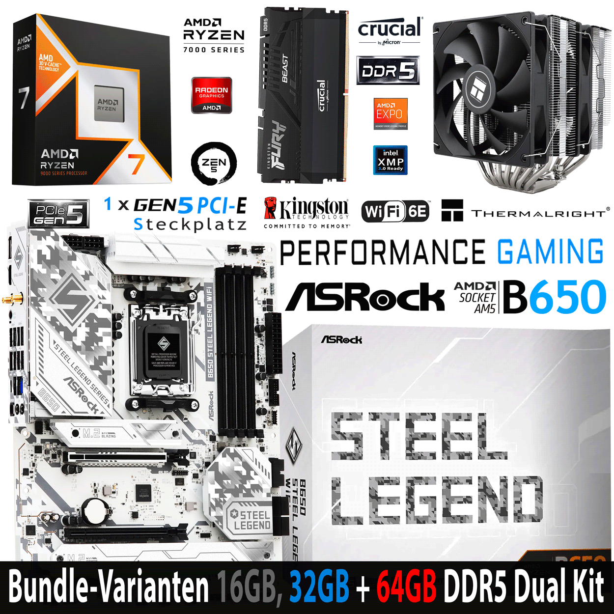 PC Bundle - AMD Ryzen 7 9800X3D - ASRock B650 Steel Legend WiFi - 16GB Kingston Fury Beast DDR5-6000 Kit