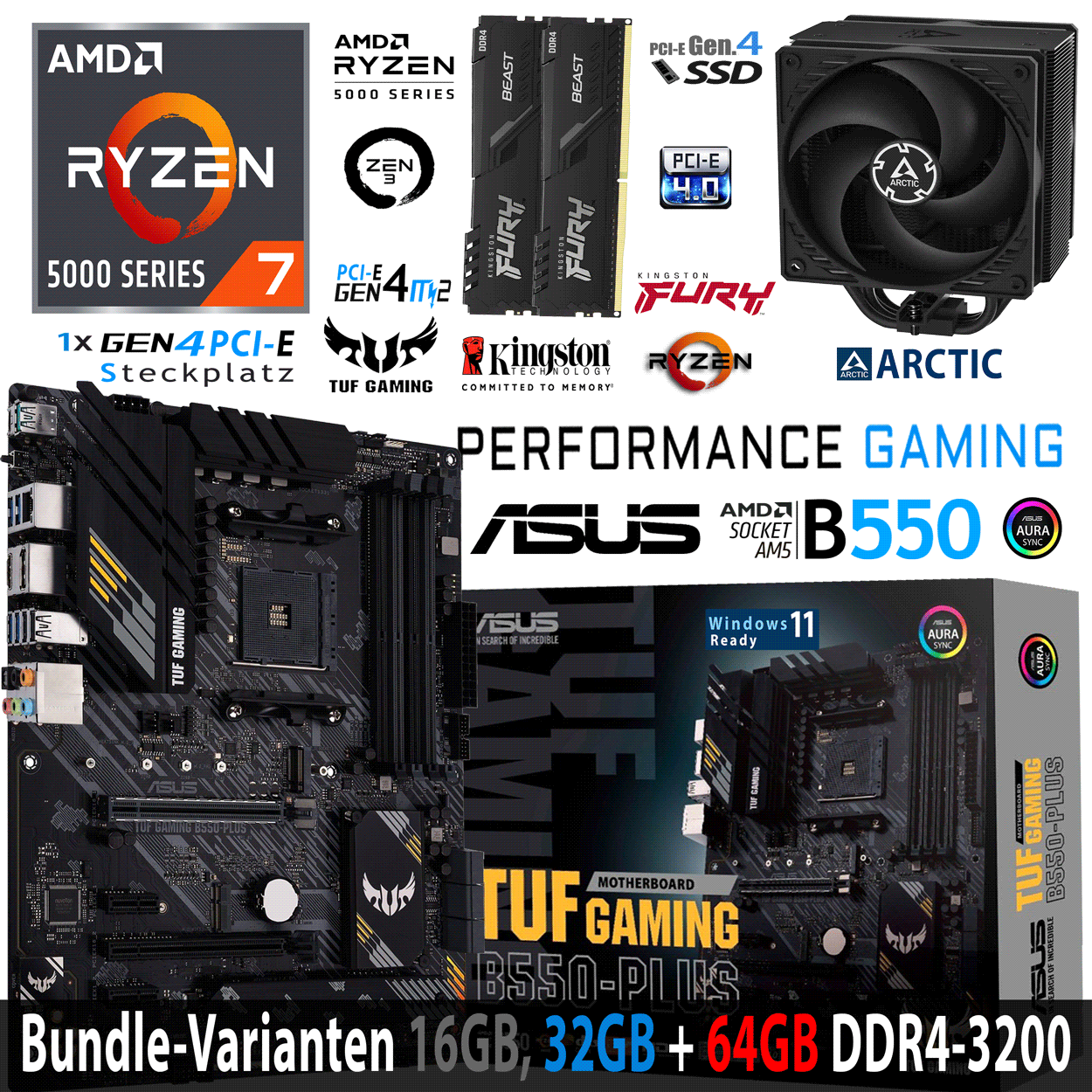 PC Bundle - AMD Ryzen 7 5700X Tray - ASUS TUF GAMING B550-PLUS - 16GB DDR4-3200 Dual Kit schwarz