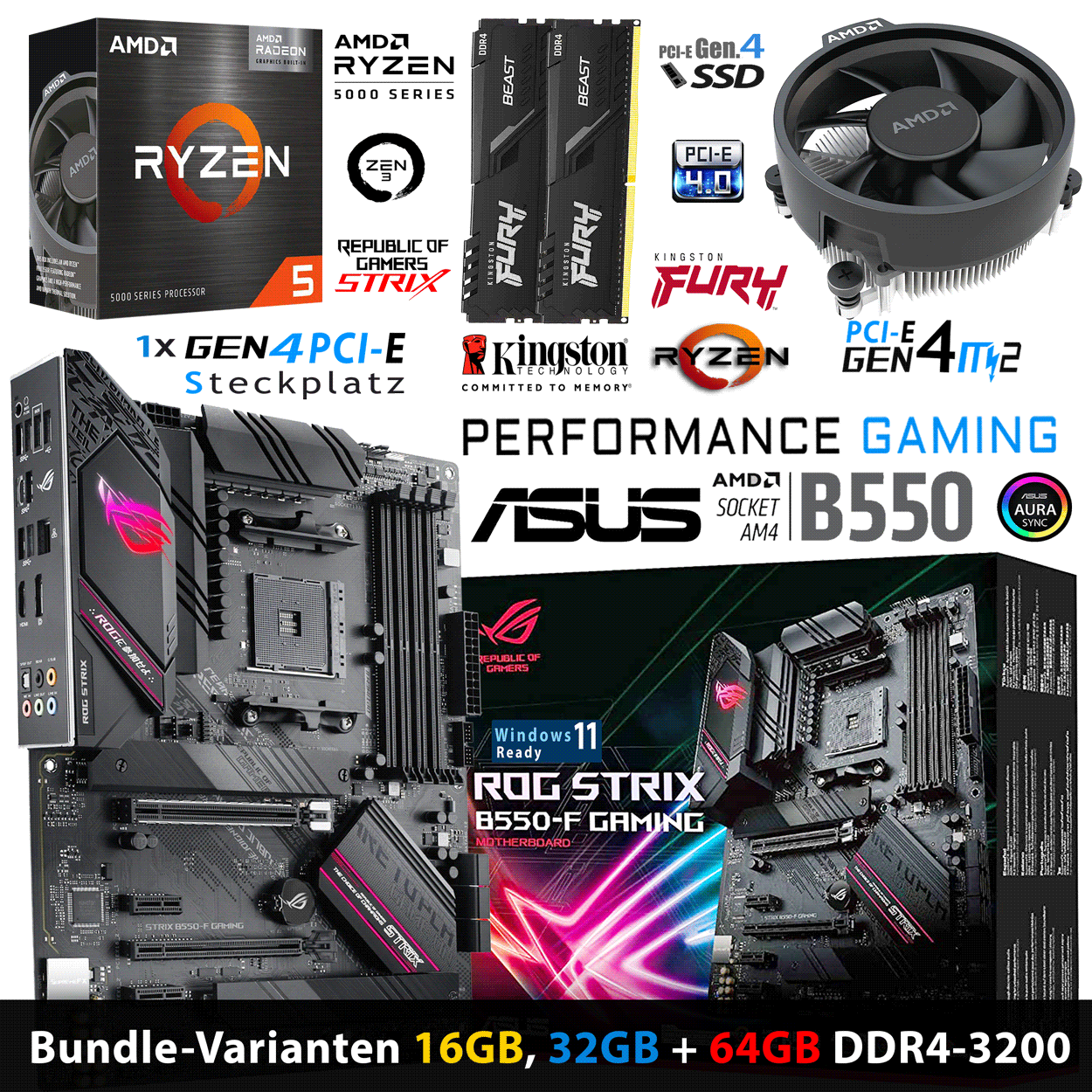 PC Bundle - AMD Ryzen 5 5600GT - Asus Rog Strix B550-F Gaming - 16GB DDR4-3200 Dual Kit schwarz