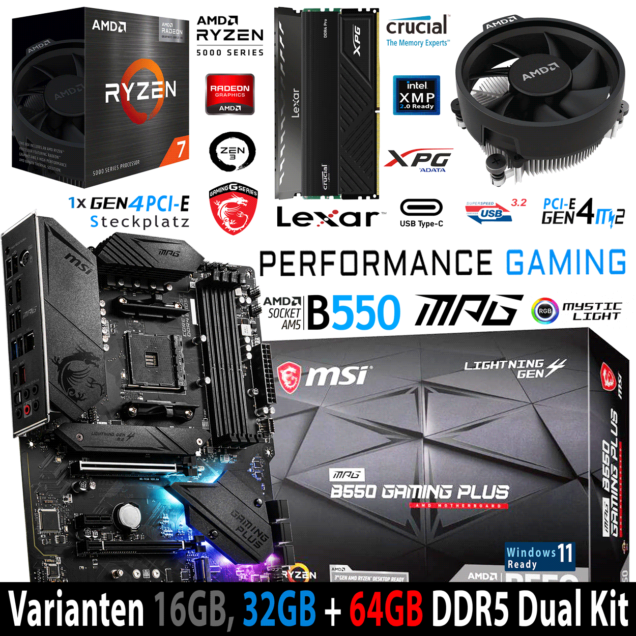 PC Bundle - AMD Ryzen 7 5700G - MSI B550 Gaming Plus- 16GB Lexar Thor CL16 DDR4-3200MHz (2x8GB) Kit