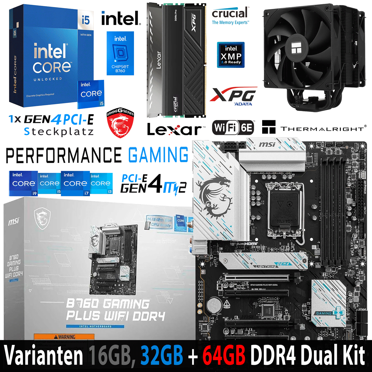 PC Bundle - Intel Core i5 14600KF - MSI B760 Gaming Plus Wifi DDR4 - 16GB Lexar Thor  DDR4-3200 Kit grau