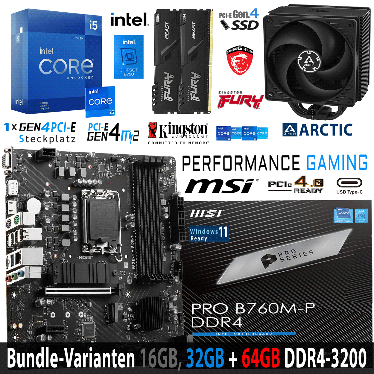 PC Bundle - Intel Core i5 12600KF - MSI PRO B760M-P DDR4 - 16GB Fury Beast DDR4-3200MHz Kit schwarz