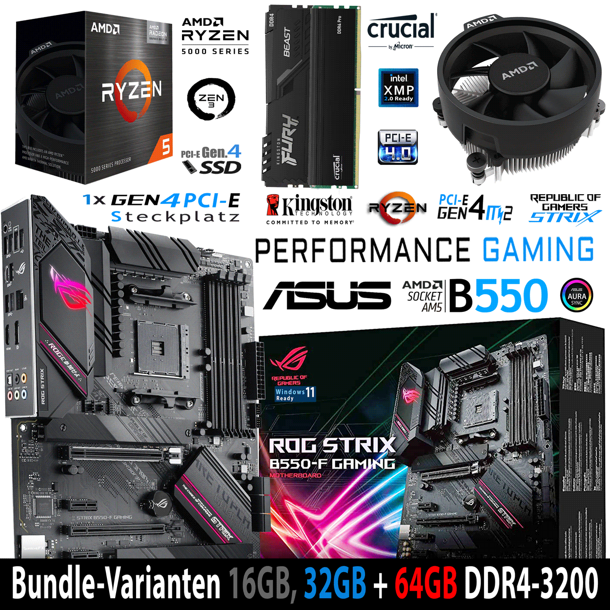 PC Bundle - AMD Ryzen 5 5500GT - Asus Rog Strix B550-F Gaming - 16GB DDR4-3200 Dual Kit schwarz