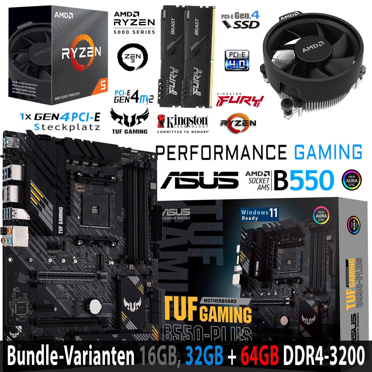 PC Bundle - AMD Ryzen 5 4500 - ASUS TUF GAMING B550-PLUS - 16GB DDR4-3200 Dual Kit schwarz