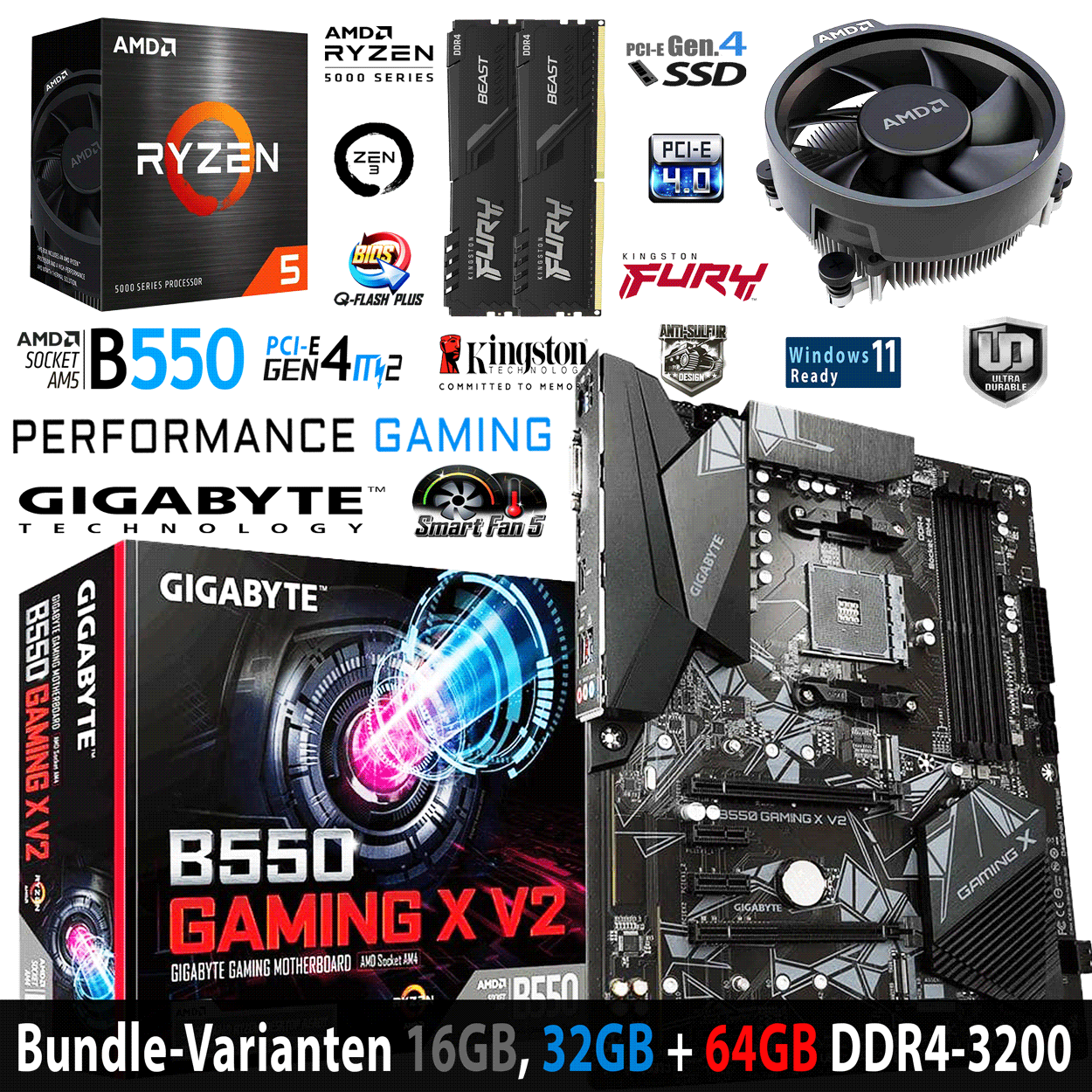 PC Bundle - AMD Ryzen 5 5600X - Gigabyte B550 Gaming X V2 - 16GB DDR4-3200 Dual Kit schwarz