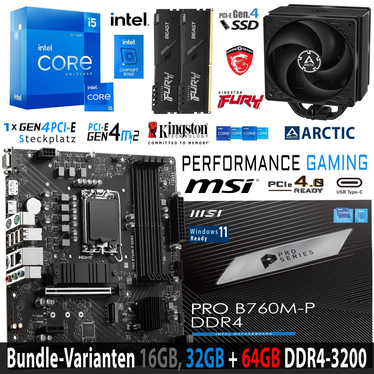 PC Bundle - Intel Core i5 12600K - MSI PRO B760M-P DDR4 - 16GB Fury Beast DDR4-3200MHz Kit schwarz