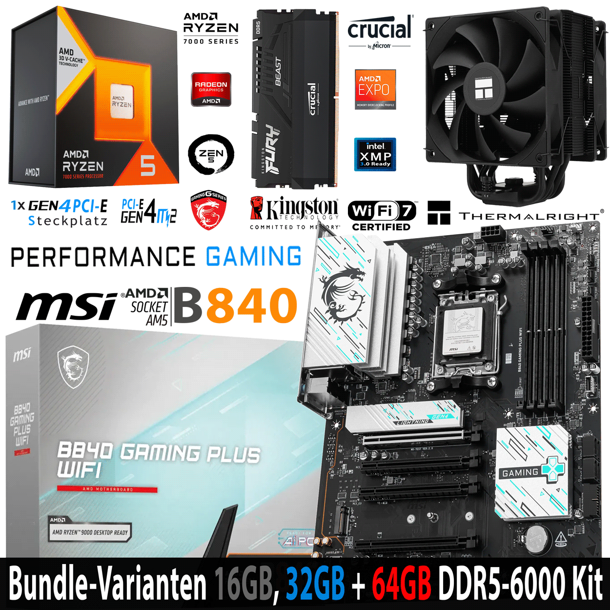 PC Bundle - AMD Ryzen 5 7600X3D - MSI B840 Gaming Plus Wifi7 - 16GB Kingston Fury Beast DDR5-6000 Kit