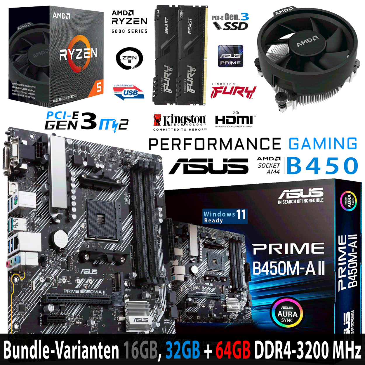 PC Bundle - AMD Ryzen 5 4500 - ASUS Prime B450M-A II AM4 - 16GB DDR4-3200 Dual Kit schwarz