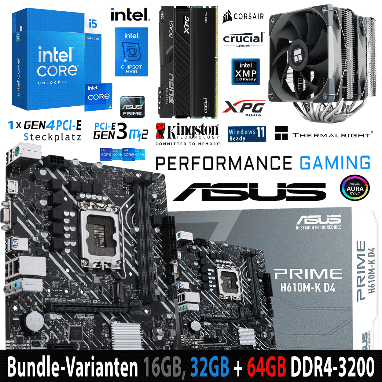 PC Bundle - Intel Core i5 14600K - ASUS Prime H610M-K D4 - 16GB Fury Beast DDR4-3200MHz Kit schwarz