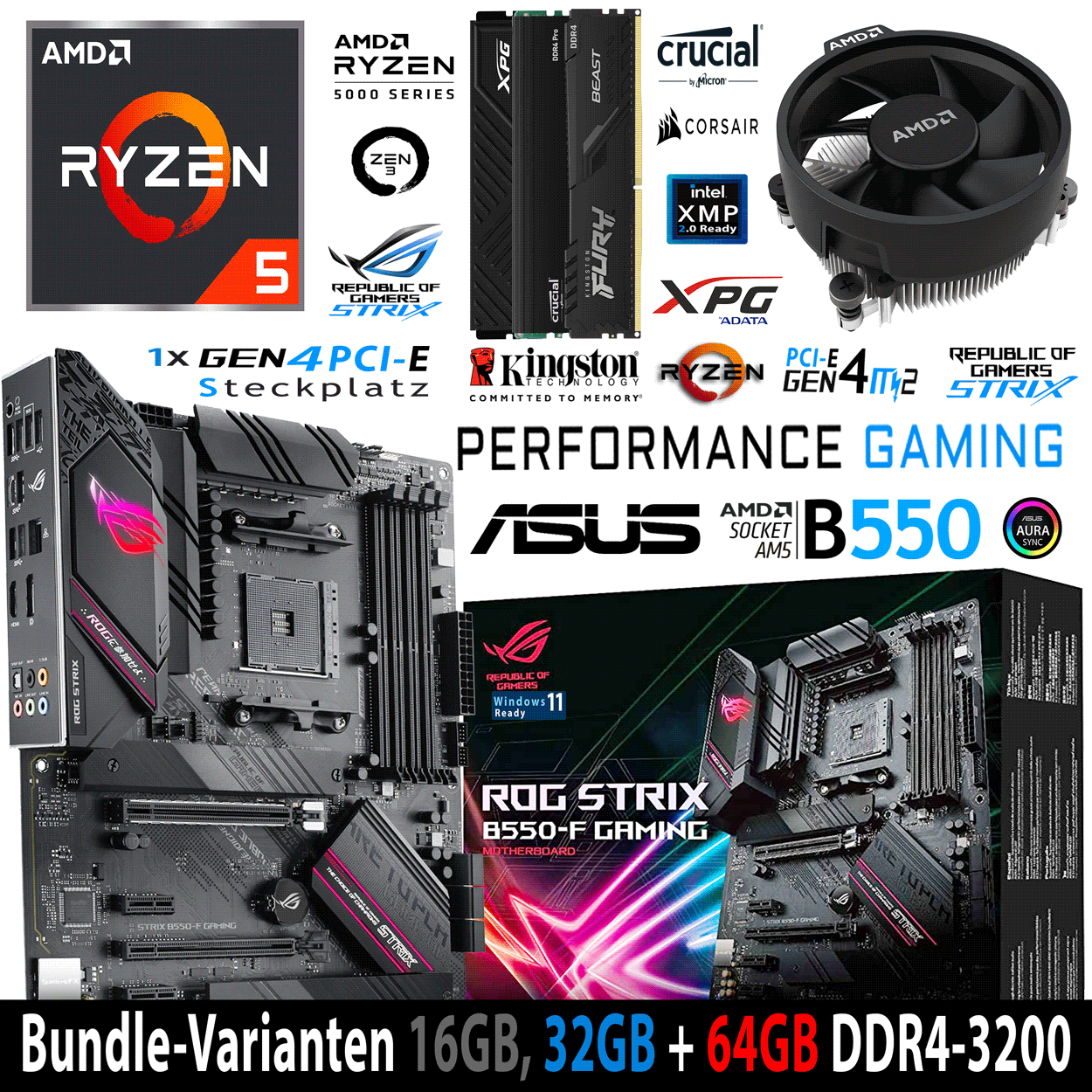 PC Bundle - AMD Ryzen 5 5600X Tray - Asus Rog Strix B550-F Gaming - 16GB DDR4-3200 Dual Kit schwarz