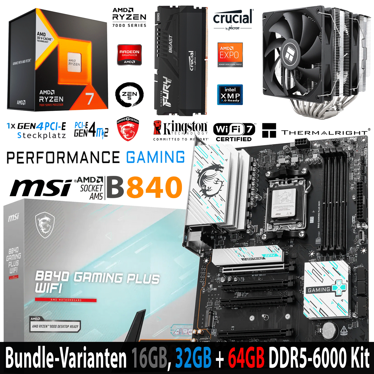 PC Bundle - AMD Ryzen 7 7800X3D - MSI B840 Gaming Plus Wifi7 - 16GB Kingston Fury Beast DDR5-6000 Kit