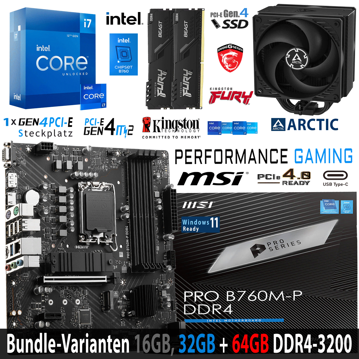 PC Bundle - Intel Core i7 12700K - MSI PRO B760M-P DDR4 - 16GB Fury Beast DDR4-3200MHz Kit schwarz