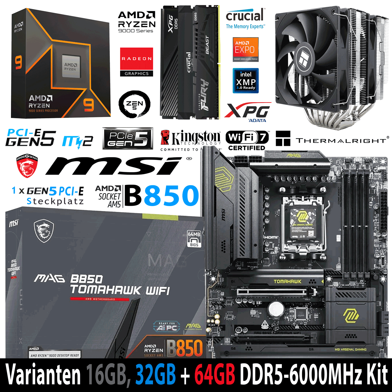 PC Bundle - AMD Ryzen 9 9900X - MSI Mag B850 Tomahawk Wifi7 - 16GB Kingston Fury Beast DDR5-6000 Kit