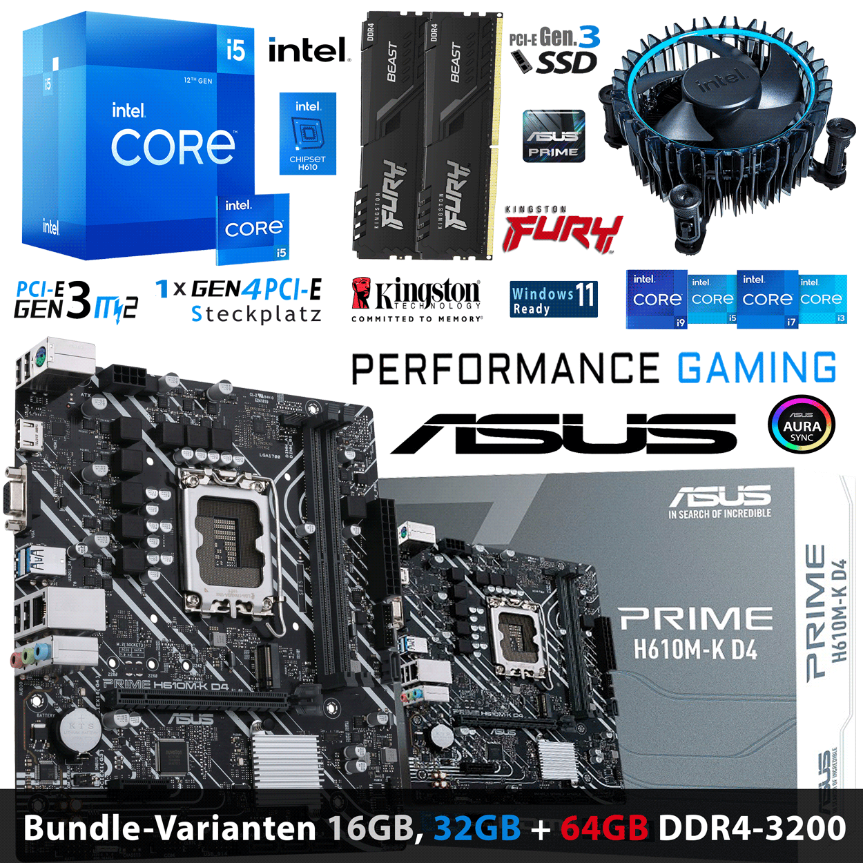 PC Bundle - Intel Core i5 12400 Box - ASUS Prime H610M-K D4 - 16GB Fury Beast DDR4-3200MHz Kit schwarz