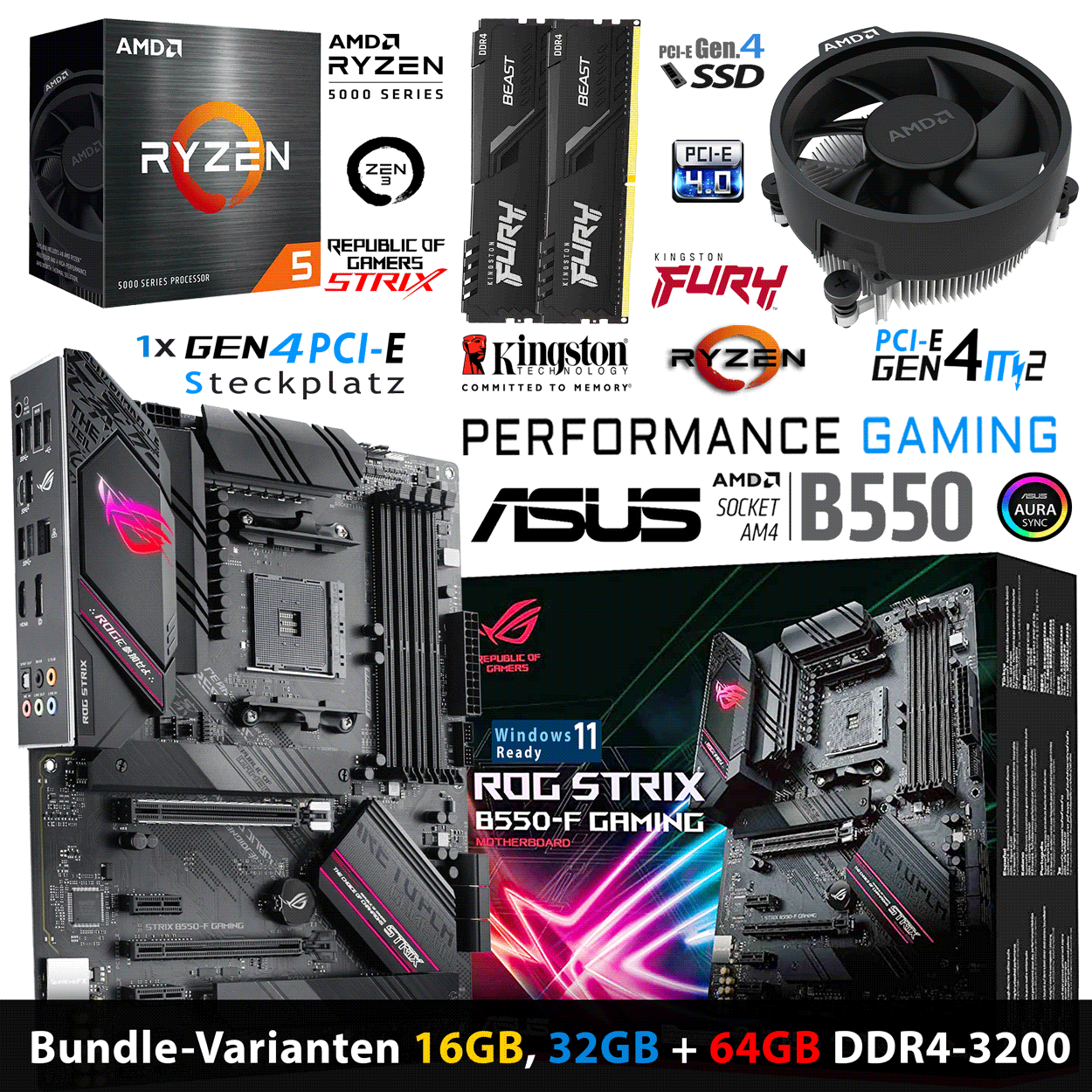 PC Bundle - AMD Ryzen 5 5600X - Asus Rog Strix B550-F Gaming - 16GB DDR4-3200 Dual Kit schwarz