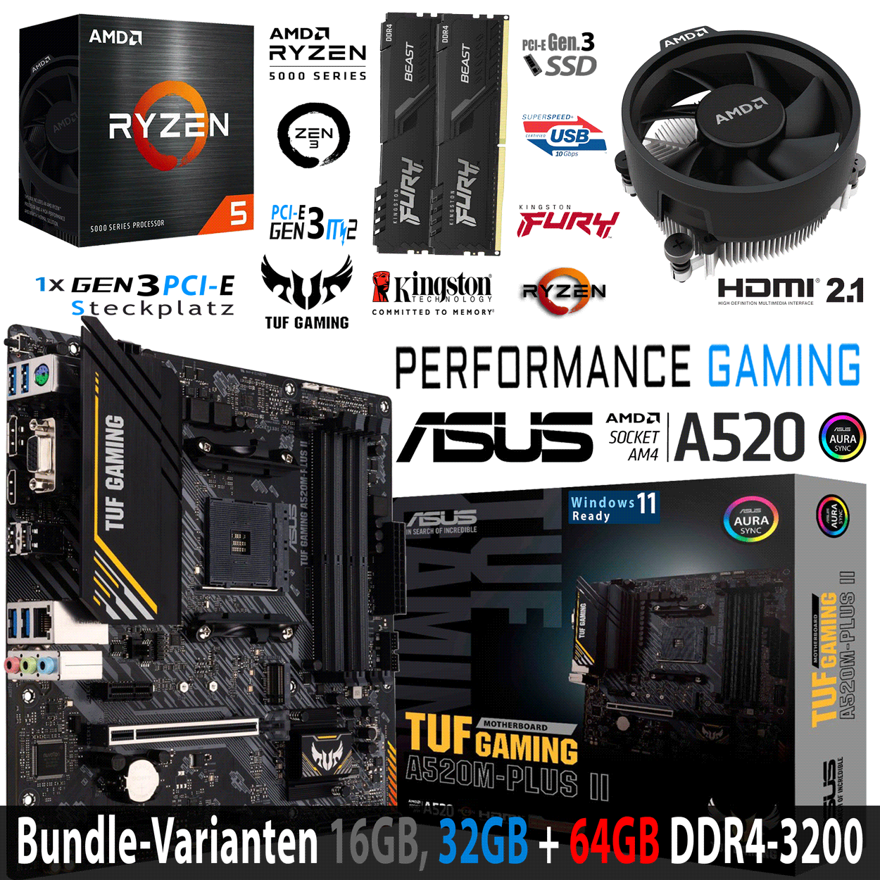 PC Bundle - AMD Ryzen 5 5500 - ASUS TUF GAMING A520M-PLUS II - 16GB DDR4-3200 Dual Kit schwarz