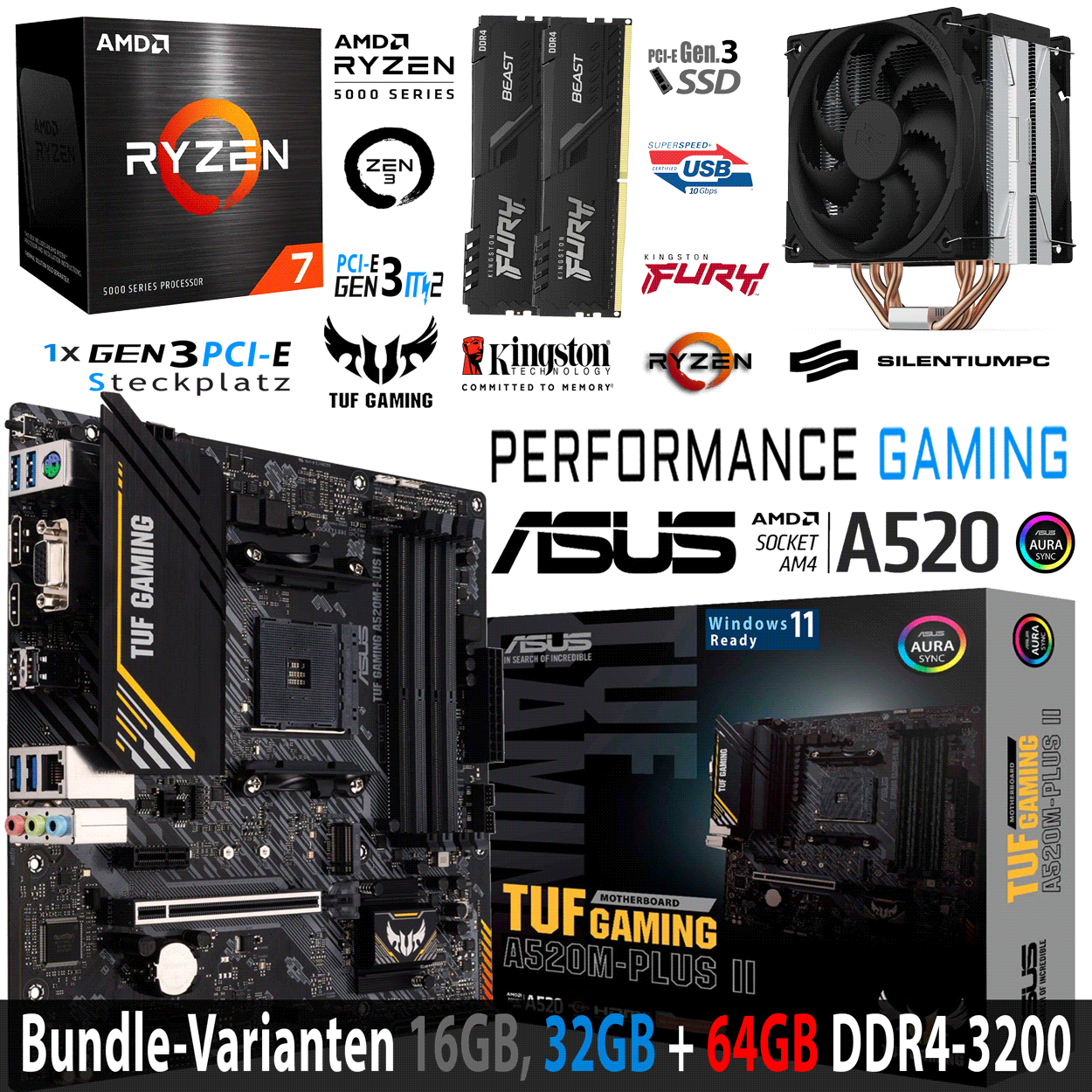 PC Bundle - AMD Ryzen 7 5700X - ASUS TUF GAMING A520M-PLUS II - 16GB DDR4-3200 Dual Kit schwarz