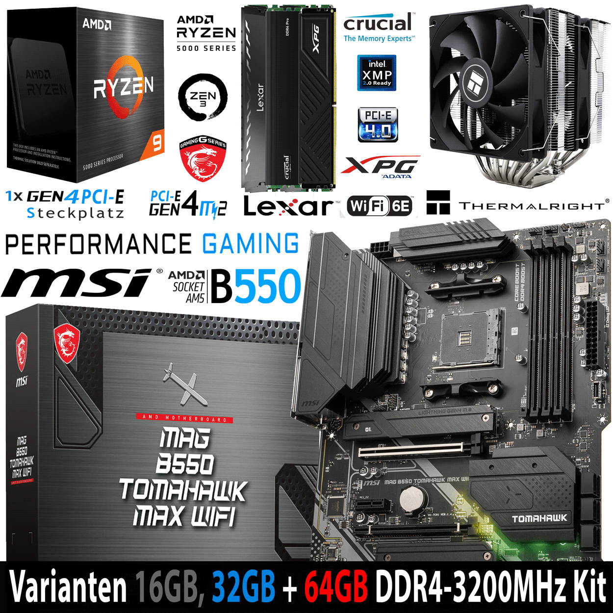 PC Bundle - AMD Ryzen 9 5950X - MSI Mag B550 Tomahawk Max Wifi - 16GB Lexar Thor DDR4-3200 DDR4 Kit