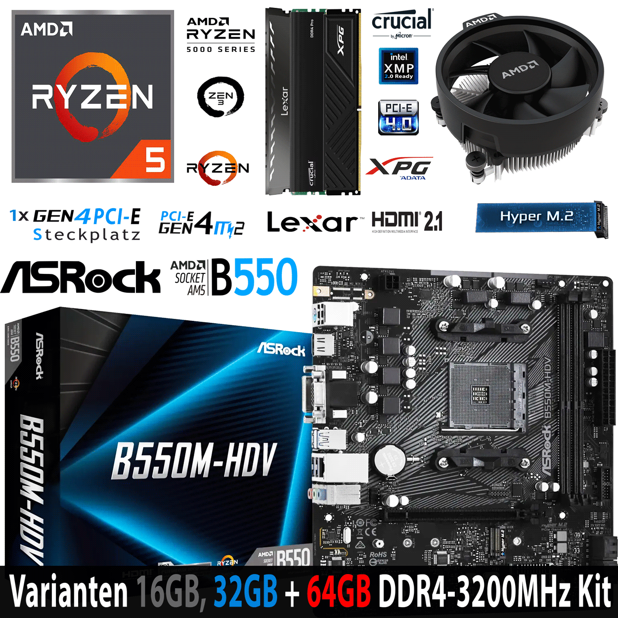 PC Bundle - AMD Ryzen 5 5600X Tray - ASRock B550M-HDV DDR4 Mainboard - 16GB DDR4-3200 Kit