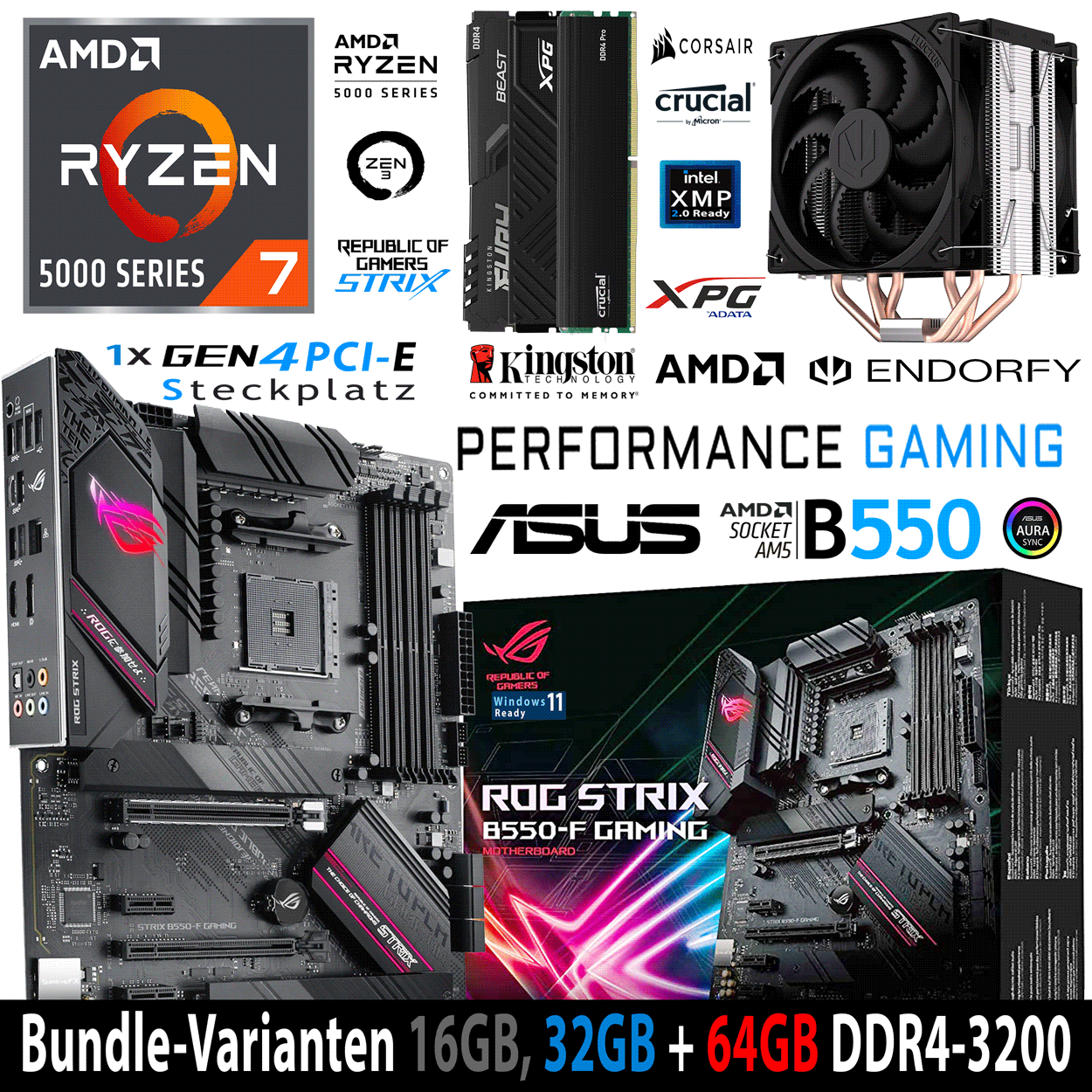 PC Bundle - AMD Ryzen 7 5700X - Asus Rog Strix B550-F Gaming - 16GB DDR4-3200 DDR4 Dual Kit schwarz
