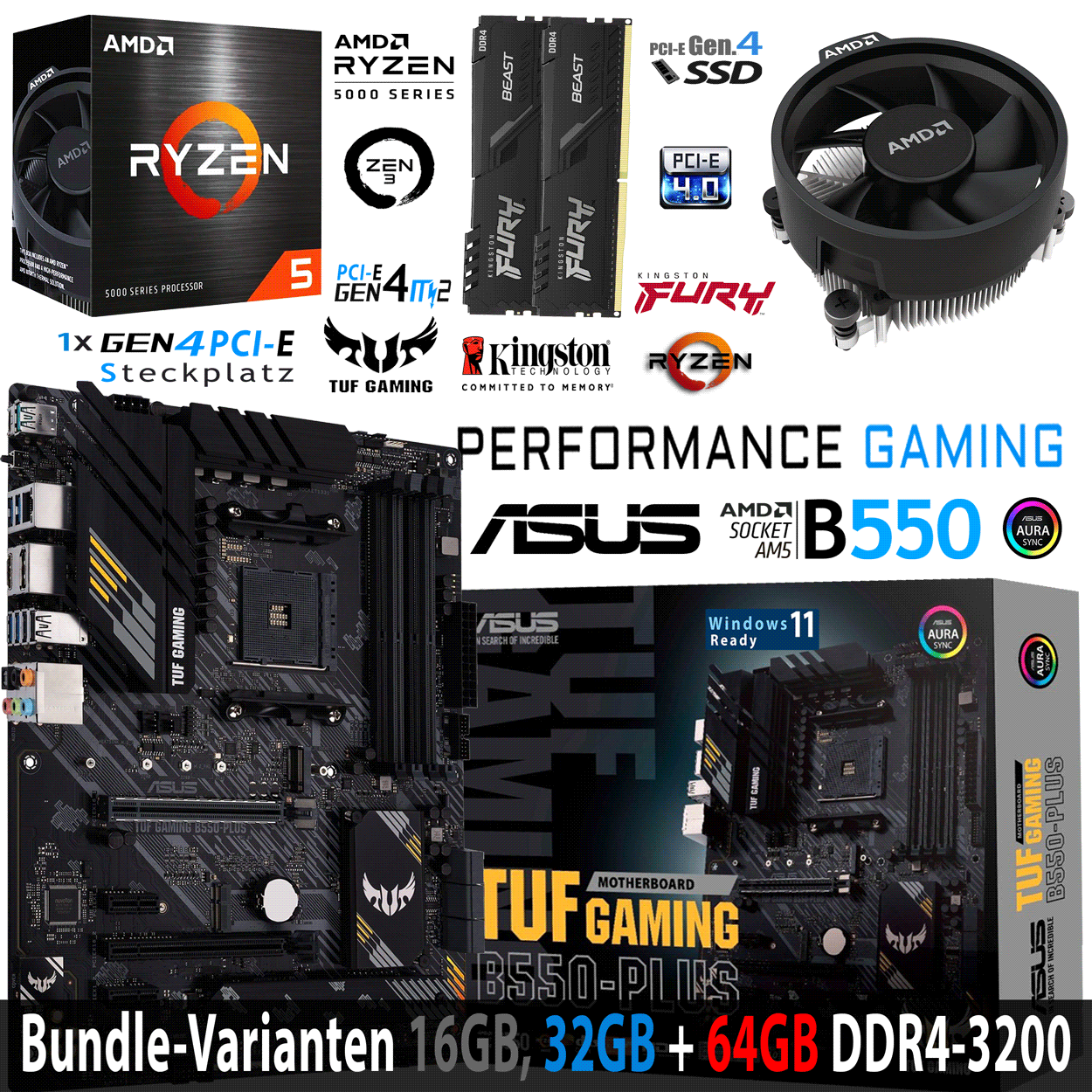 PC Bundle - AMD Ryzen 5 5500 - ASUS TUF GAMING B550-PLUS - 64GB DDR4-3200 Dual Kit schwarz