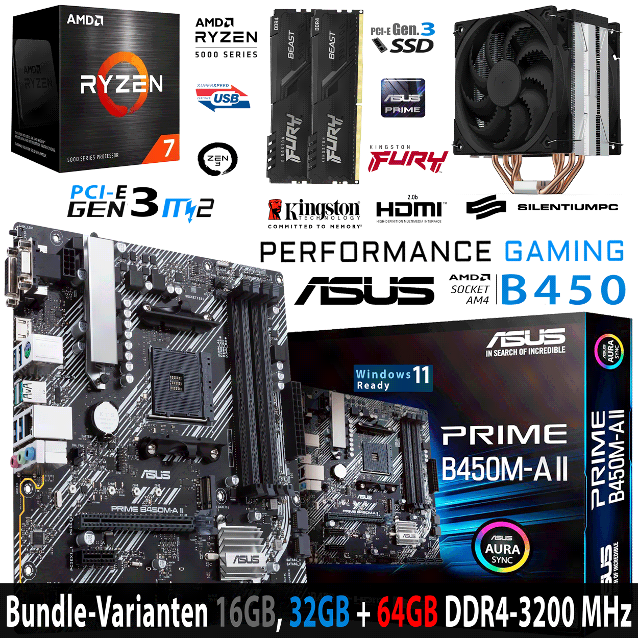 PC Bundle - AMD Ryzen 7 5800X - ASUS Prime B450M-A II AM4 - 16GB DDR4-3200 Dual Kit schwarz