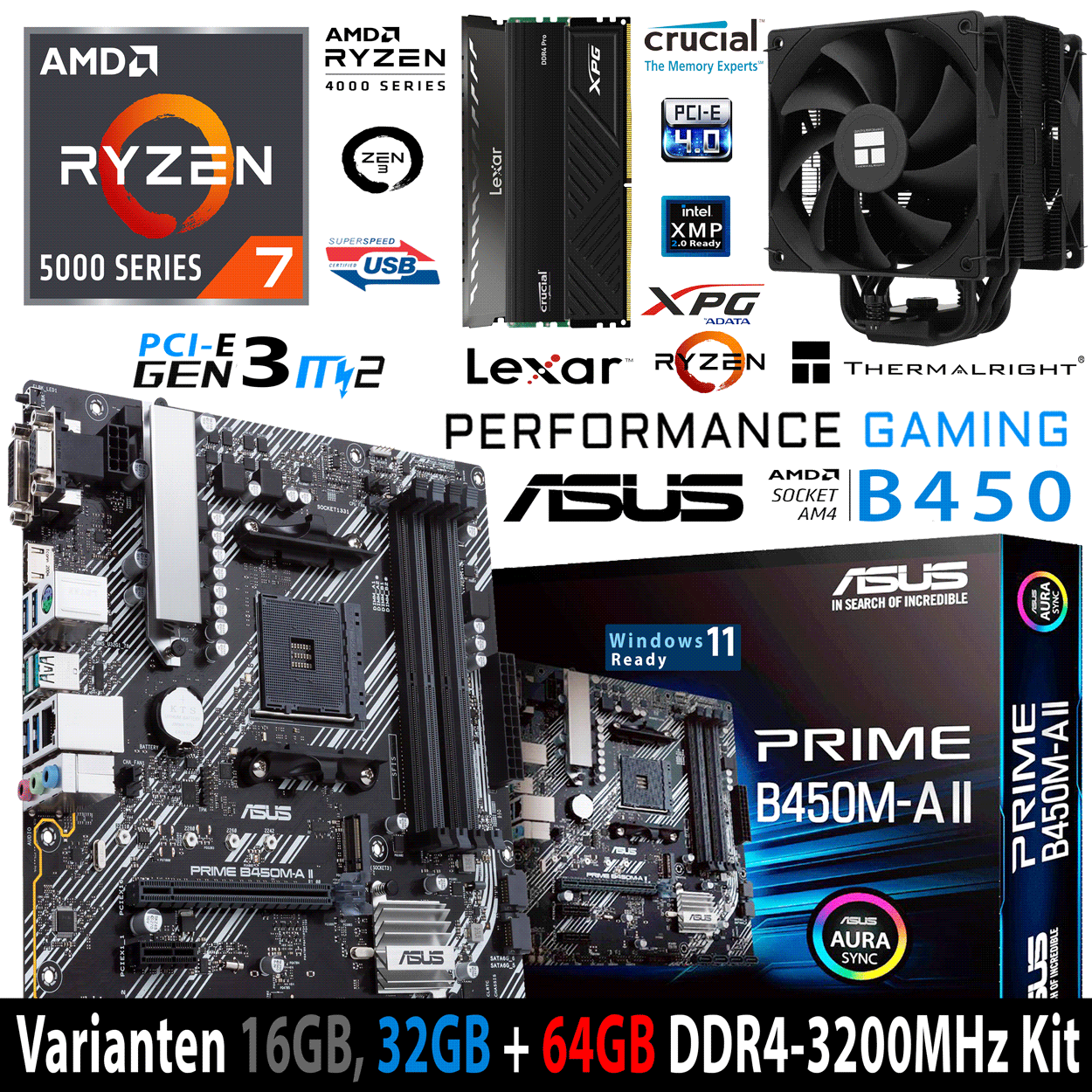 PC Bundle - AMD Ryzen 7 5700X - ASUS Prime B450M-A II AM4 - 16GB DDR4-3200 Dual Kit schwarz