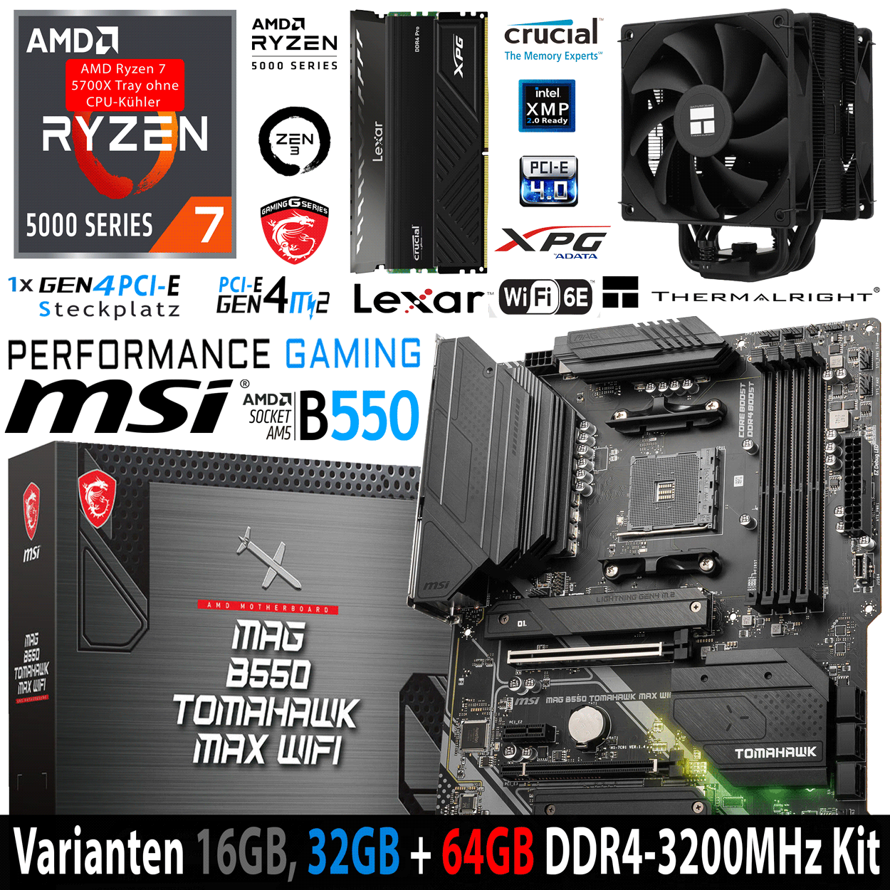 PC Bundle - AMD Ryzen 7 5700X Tray - MSI Mag B550 Tomahawk Max Wifi - 16GB Lexar Thor DDR4-3200 DDR4 Kit