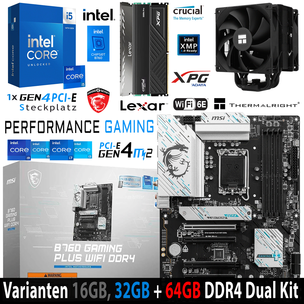 PC Bundle - Intel Core i5 14600K - MSI B760 Gaming Plus Wifi DDR4 - 16GB Lexar Thor  DDR4-3200 Kit grau