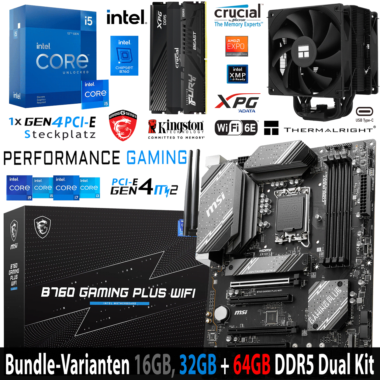 PC Bundle - Intel Core i5 12600KF - MSI B760 Gaming Plus Wifi DDR5 - 16GB Kingston Fury Beast DDR5-6000 Kit