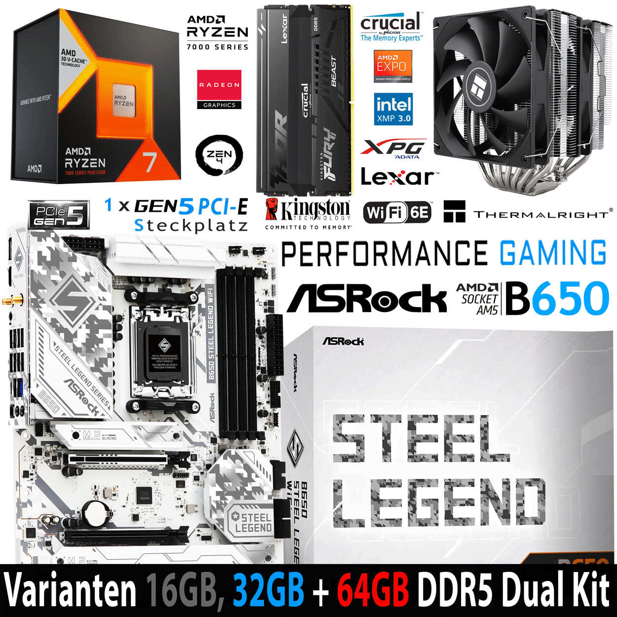 PC Bundle - AMD Ryzen 7 7800X3D Box - ASRock B650 Steel Legend WiFi - 16GB Lexar oder Kingston DDR5-6000 Dual Kit